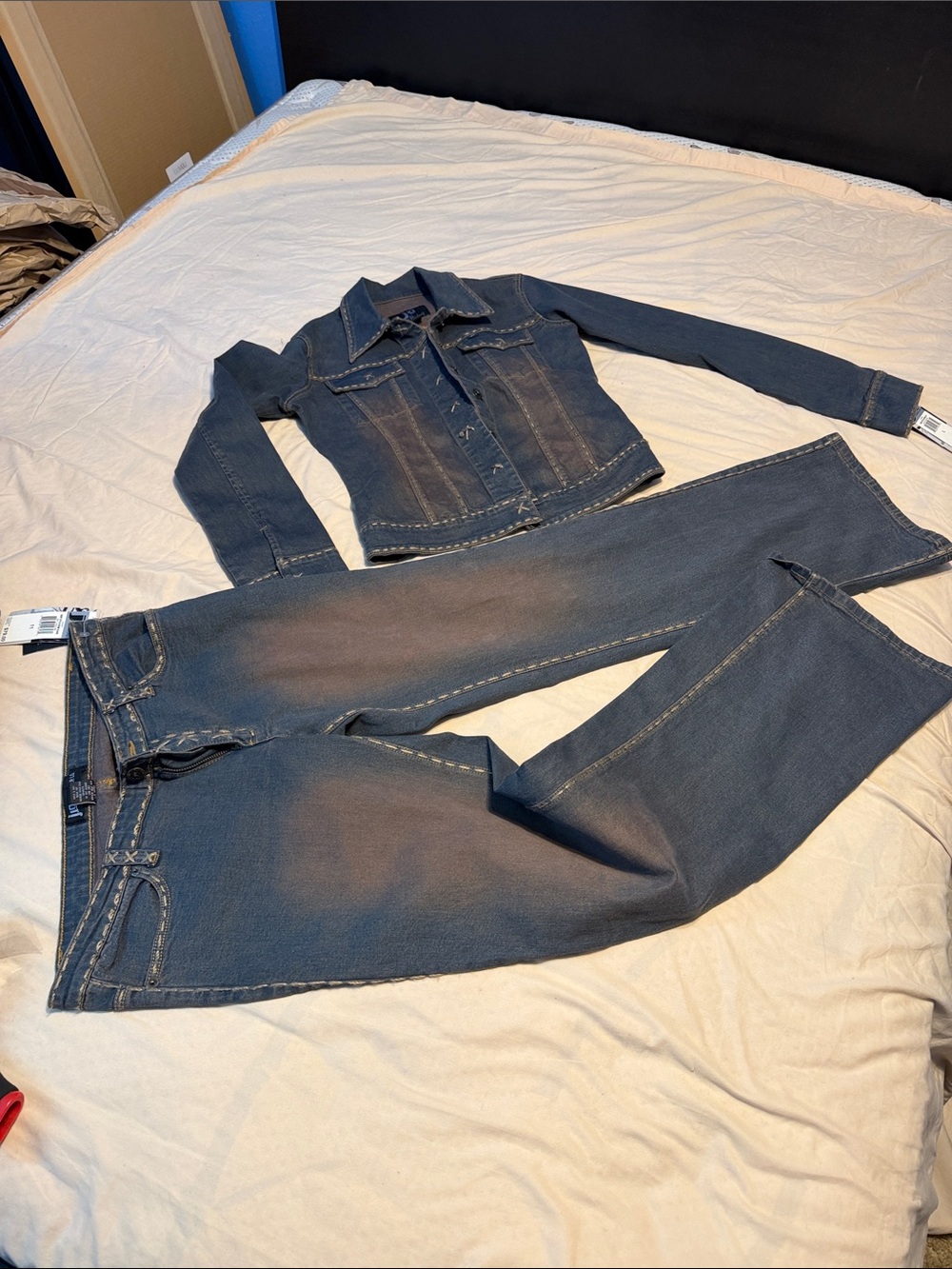 Jennifer Lopez Dark Denim Flare Jeans with Matching Cropped Jacket